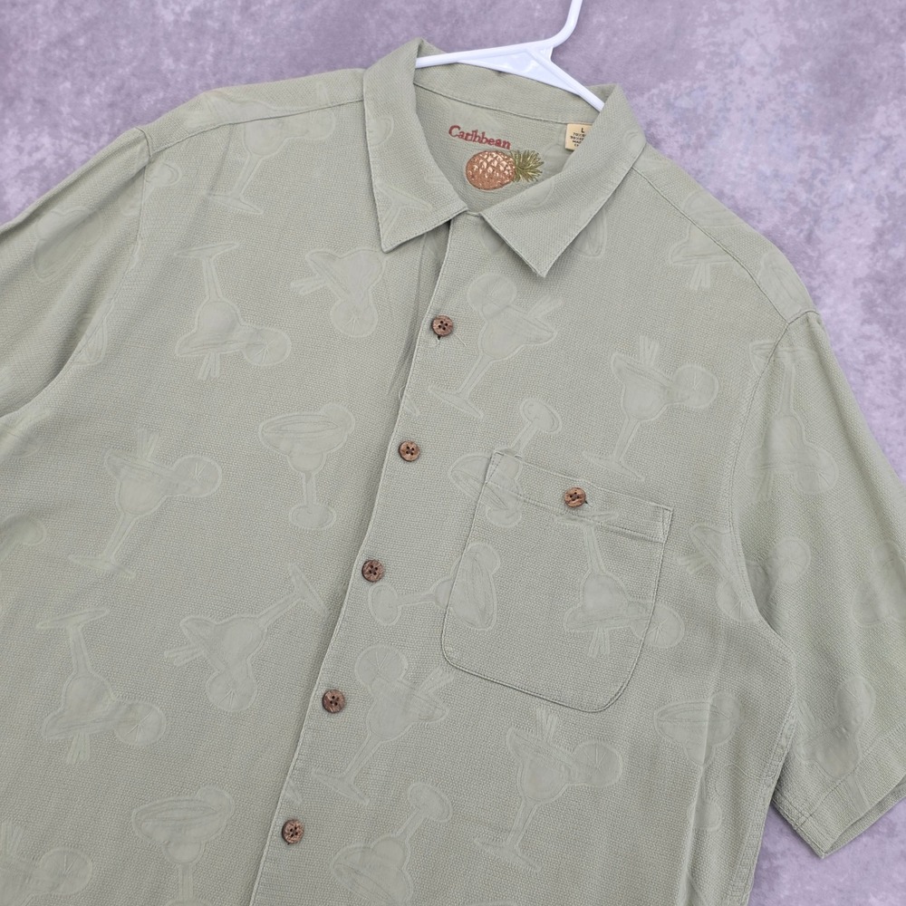 Caribbean Mens Large Silk Blend Margarita Jacquard Camp Shirt Sage Green